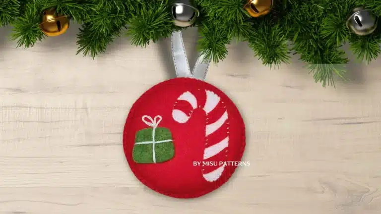 Felt Christmas ornament ball with candy cane applique and small gift